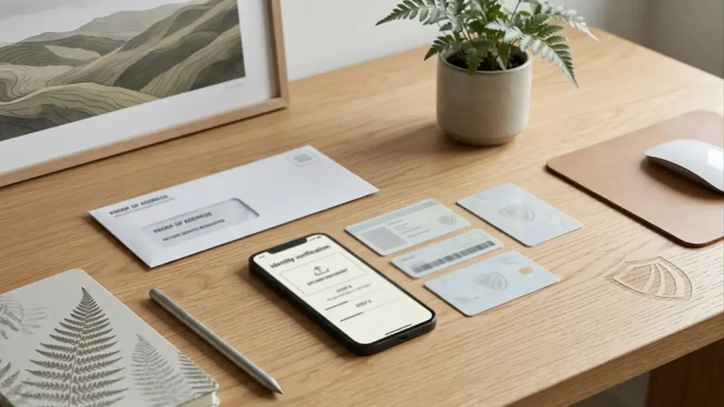 Identification document shapes beside a phone and shield symbol on a desk