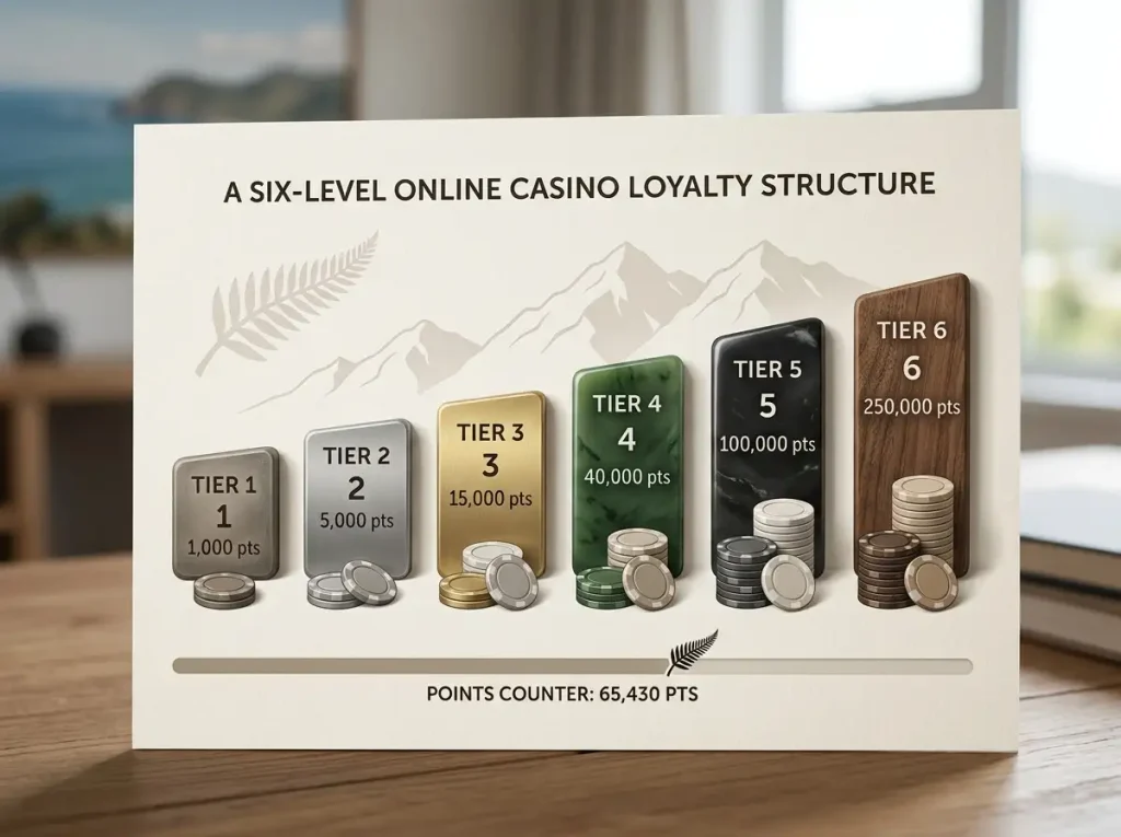 Six ascending tier markers beside gaming chips and a points counter motif