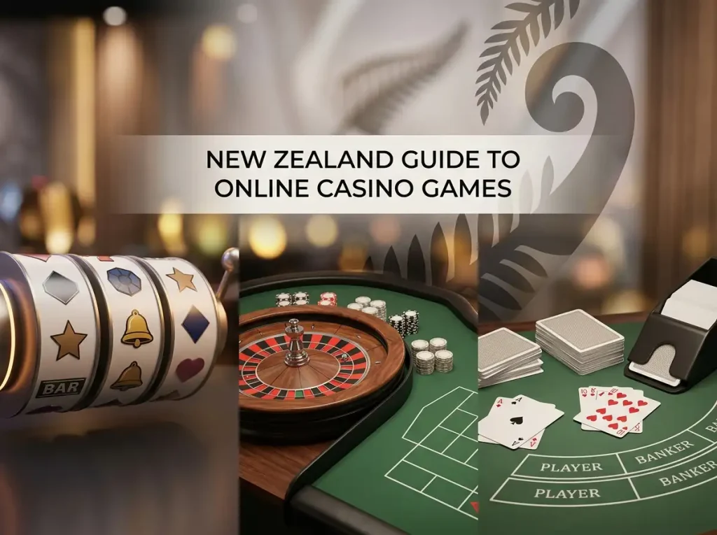 Casino game scene with slot reels, live table equipment, playing cards and game-show lights
