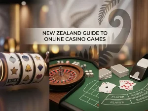 Casino game scene with slot reels, live table equipment, playing cards and game-show lights