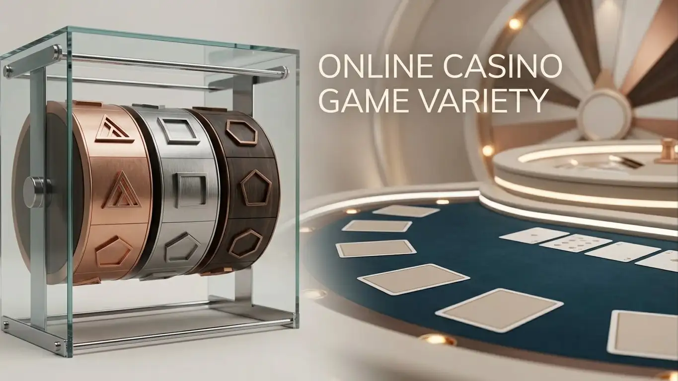 Abstract slot reels beside live-table equipment and game-show lights