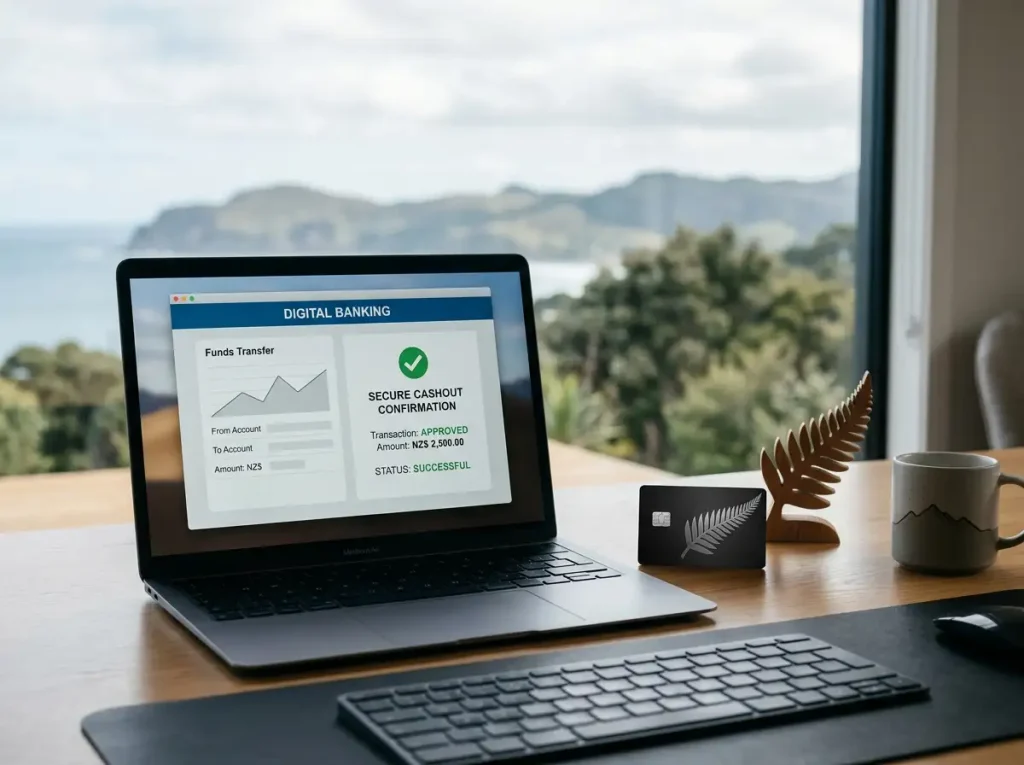 New Zealand online payment scene with a bank transfer, payment card and cashout confirmation symbols