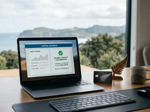 New Zealand online payment scene with a bank transfer, payment card and cashout confirmation symbols