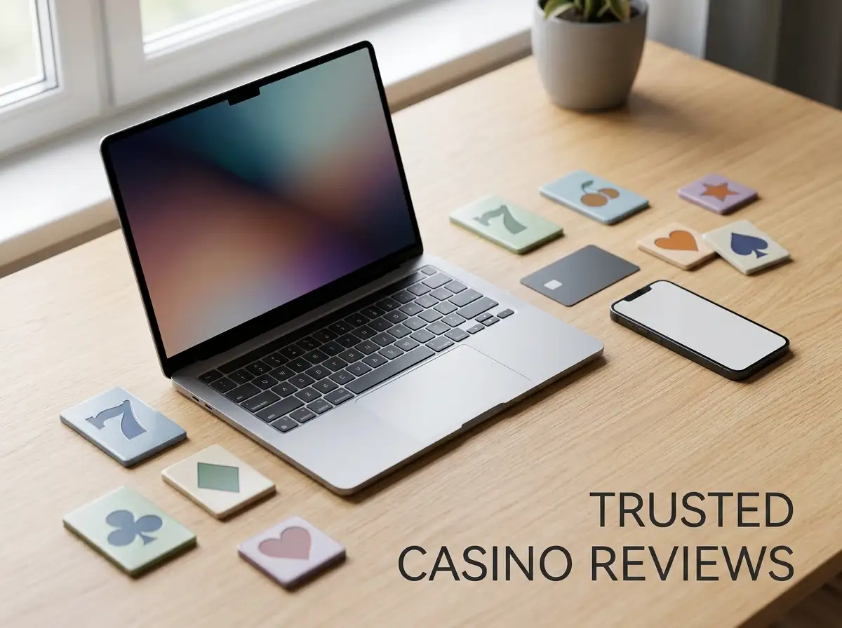 Laptop, bank card and abstract casino-game tiles arranged on a desk